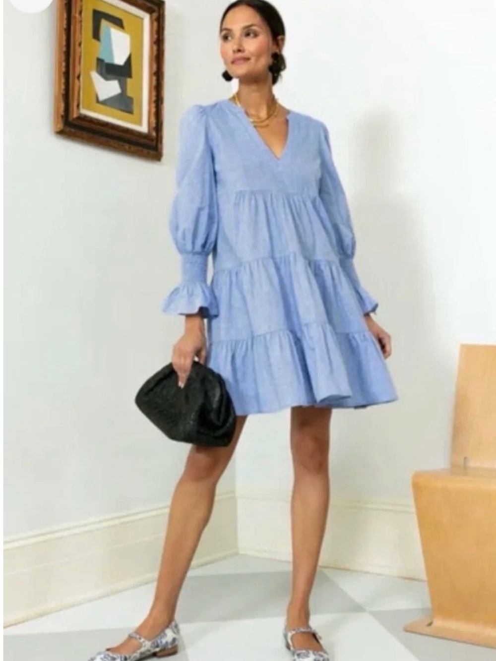 Pomander Place Light Blue Tiered V-Neck Mini Dress